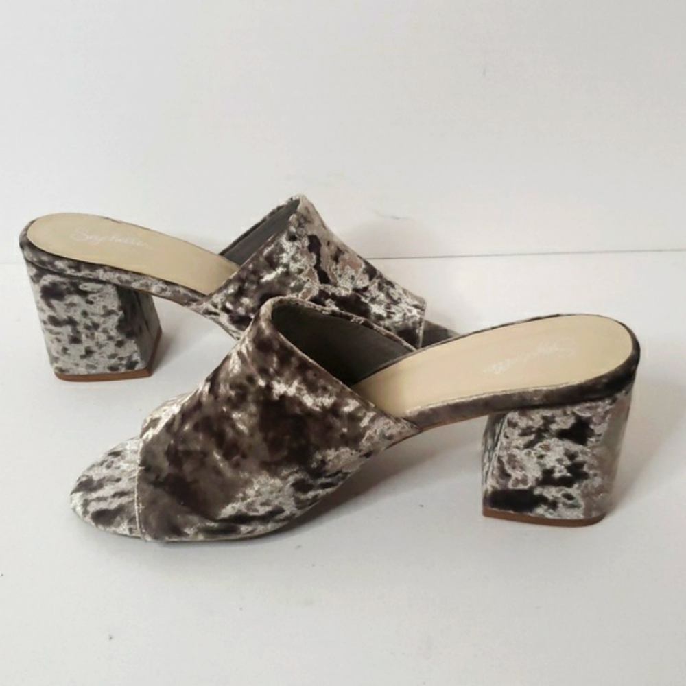 Seychelles Velvet Commute Block Heel Sandal Mules Grey Slip In Round Toe - Picture 10 of 17
